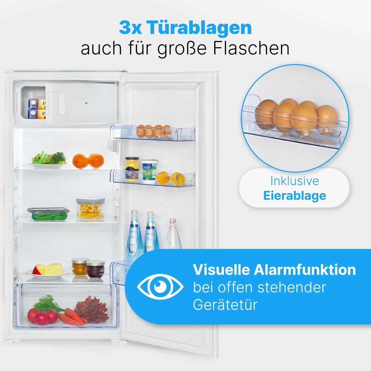 Bomann KSE7812 refrigerator door shelves, egg tray, and door alarm feature