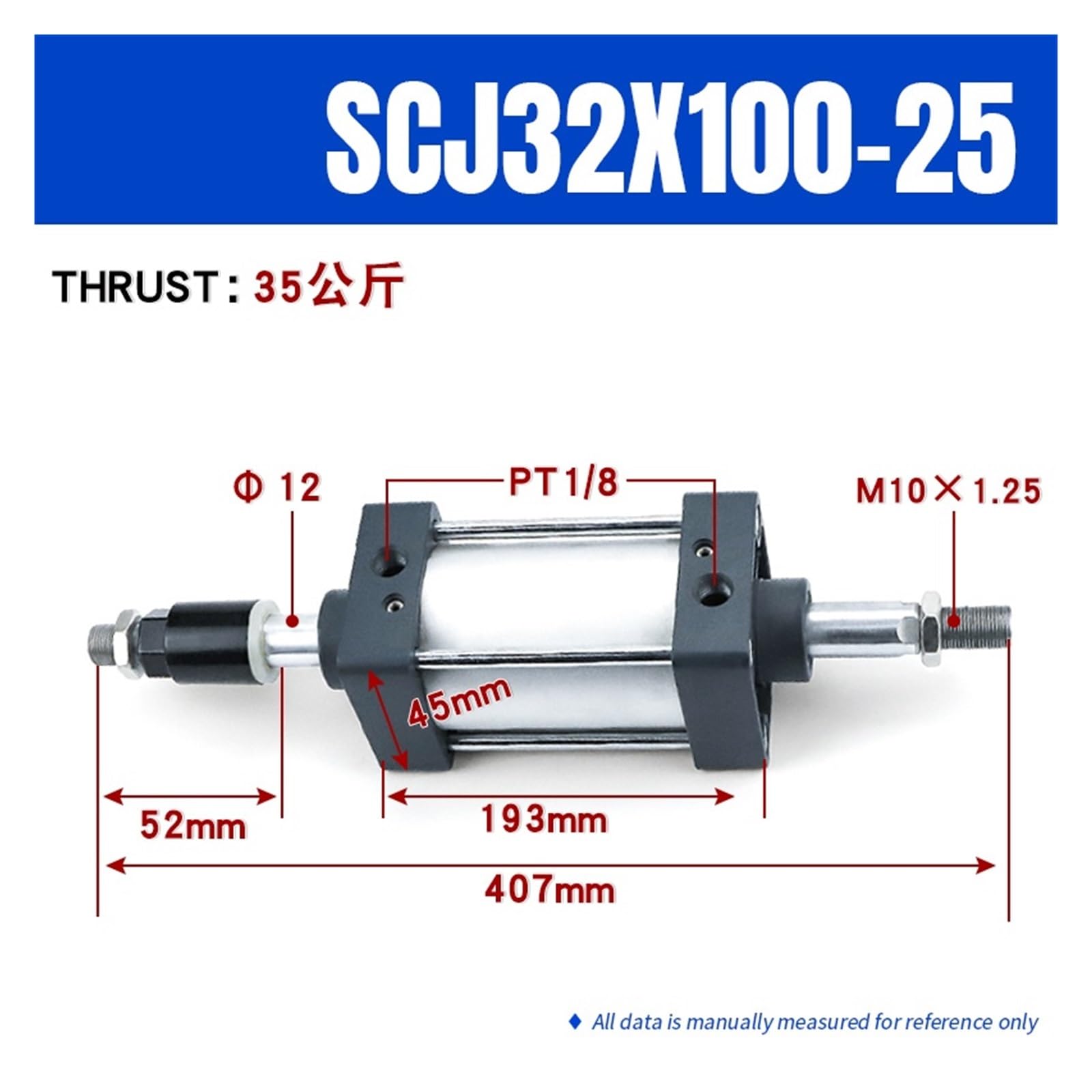 Pneumatik-Zylinder Pneumatischer Stanzer mit großem Zylinderdurchmesser, Standardzylinder SC, Einstellbarer Hub, Scj32x25x50x100x150x200-25-50-75-100-s (Color : SCJ32X100-25-S, Size : 1pc)