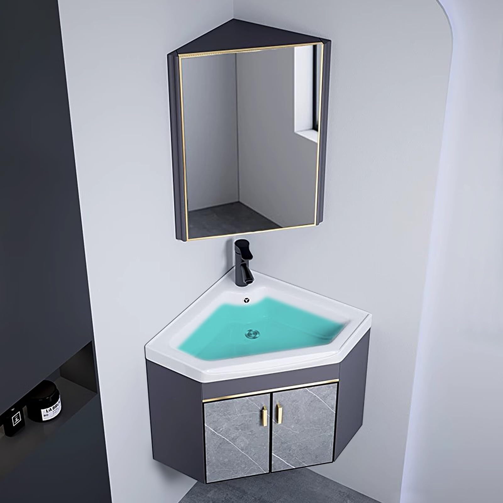 DFGHNBVC Wall Mounted Corner Vanity Cabinet With Sink And Medicine Storage, Space-Saving Design For Bathroom, Kitchen, And Laundry Rooms,56Cm/22In