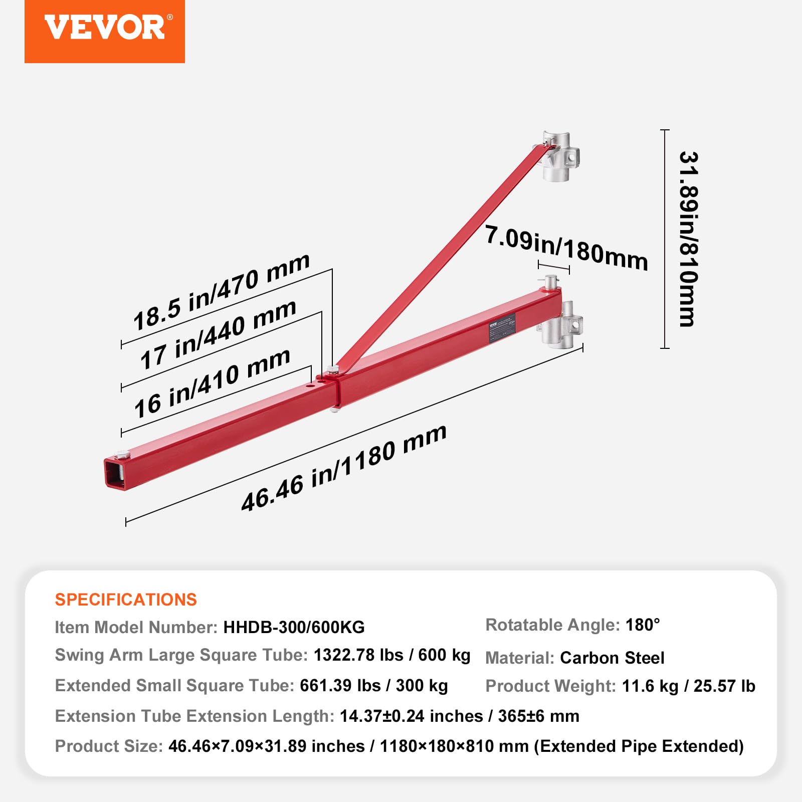 VEVOR Elektryczne ramię podtrzymujące wciągnik, nośność 600 kg, ramię obrotowe wciągnika elektrycznego, stalowa rama wciągnika, ramię podnoszenia podnośnika rusztowania 180° do warsztatu, garażu