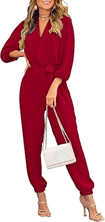 PRETTYGARDEN Women's Fall Jumpsuits Dressy Casual Pants Romper Spring Long Sleeve V Neck Belt Pockets One Piece Outfits