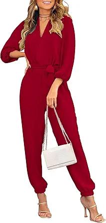 PRETTYGARDEN Women's Fall Jumpsuits Dressy Casual Pants Romper Spring Long Sleeve V Neck Belt Pockets One Piece Outfits