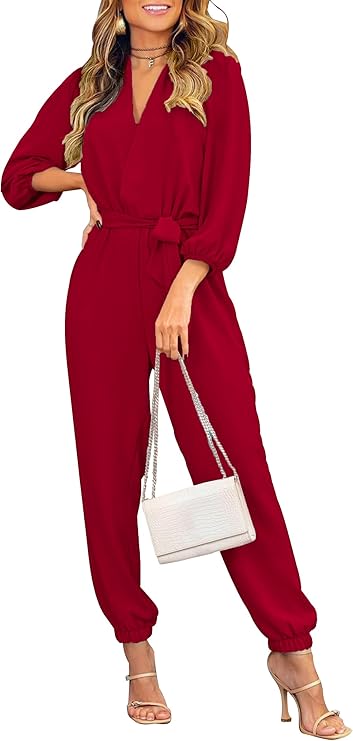 PRETTYGARDEN Women's Fall Jumpsuits Dressy Casual Pants Romper Spring Long Sleeve V Neck Belt Pockets One Piece Outfits