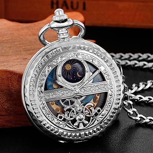 Image of Black and Silver Roman Numeral Dial Mens Mechanical Moon Phase Design, Moon Sun Pattern Skeleton Mechanical Pocket Watches for Men with Case and Chain - Black