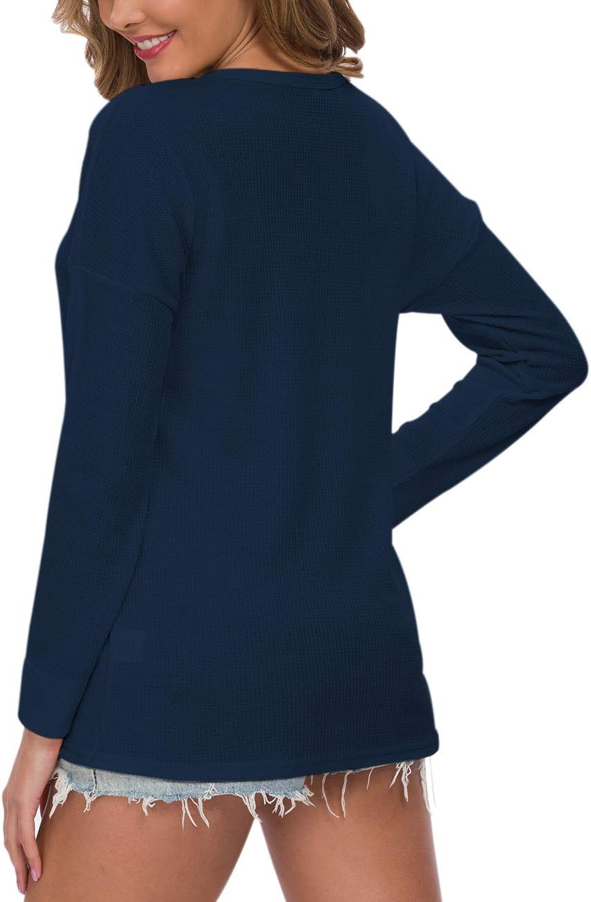 WNEEDU Women's Waffle Knit Tunic Tops Loose Long Sleeve Button Up V Neck Henley Shirts - Image 5
