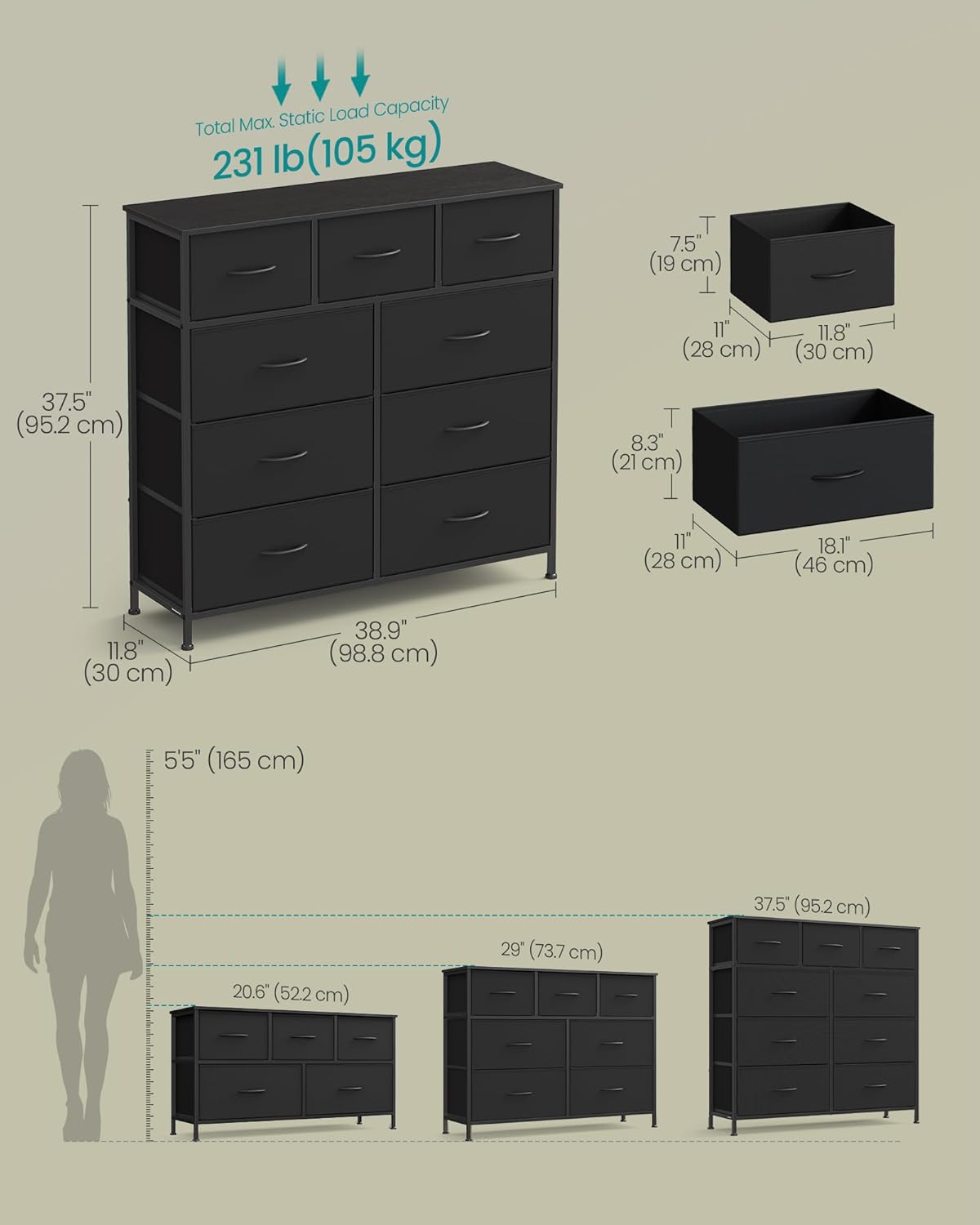 SONGMICS Dresser for Bedroom, Chest of Drawers, Steel, MDF, 9 Non-Woven Fabric Drawers, Storage Organizer Unit, Closet, Entryway, Ink Black and Ebony Black LGS324B01S - Image 2