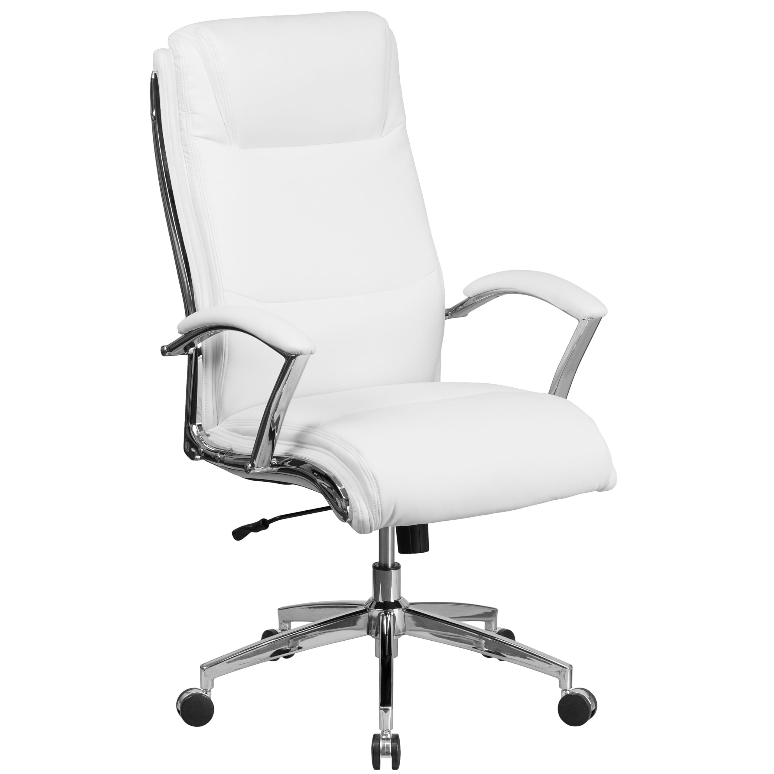 Rebecca - Silla de oficina giratoria ejecutiva tapizada con respaldo alto y respaldo alto, color blanco LeatherSoft con base cromada y brazos