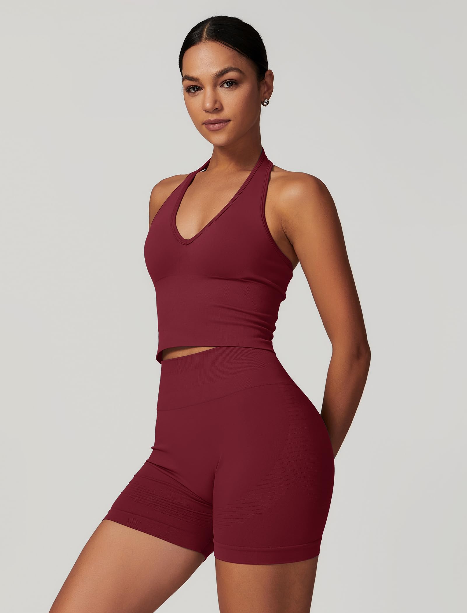 Odizli Sport Set Damen Kurz Neckholder V-Ausschnitt BH Top + High Waist Shorts Gym Fitness Outfit