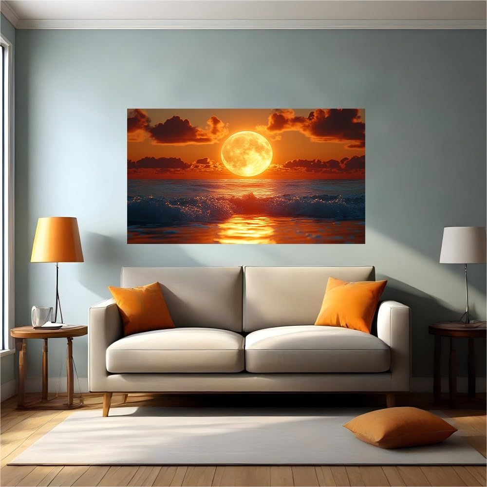 Vinilo pared luna llena y mar autoadhesivo de 100x70 cm para salon y dormitorio