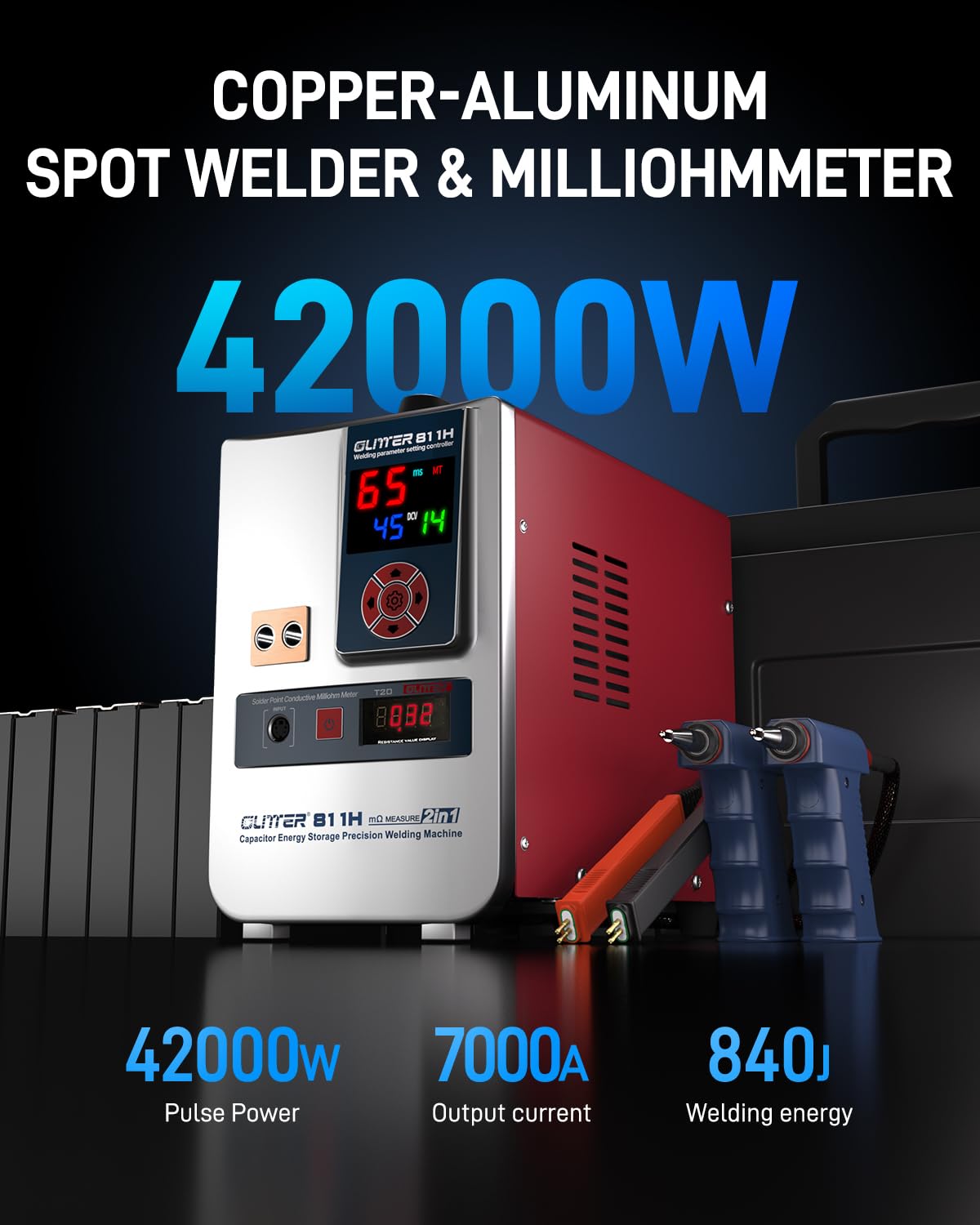 Glitter 811H Saldatrice a Punti 2 in 1 per Batterie, 42000W 7000A, Misuratore di Resistenza, per Batterie al Litio LiFePO4