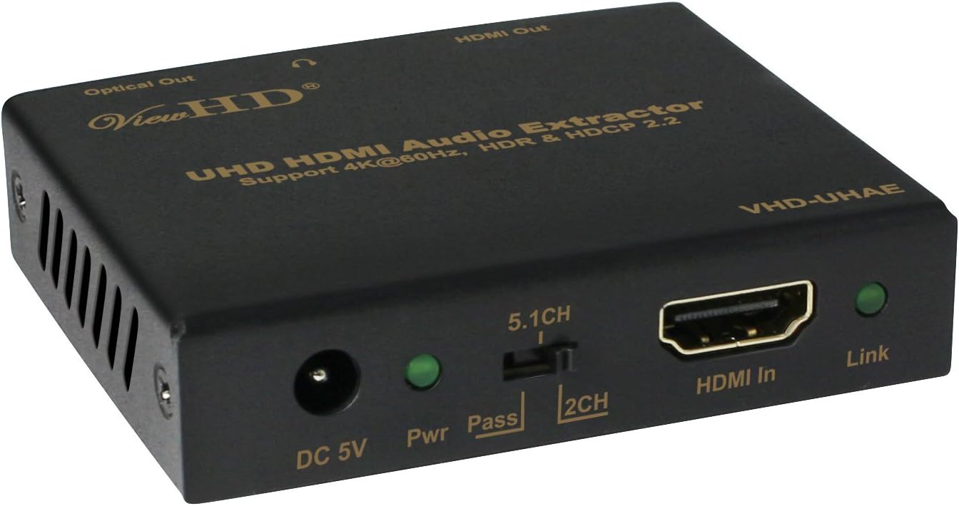 ViewHDU9 Newest Ultra HD 4K HDMI Audio Extractor 4K@60Hz, HDR, Dolby Vision | 3.5mm Headphone Stereo Output | Toslink Optical Audio DD+ Output | HDCP 2.2 | HDMI 2.0 | 18Gpbs | | Model: VHD-UHAE