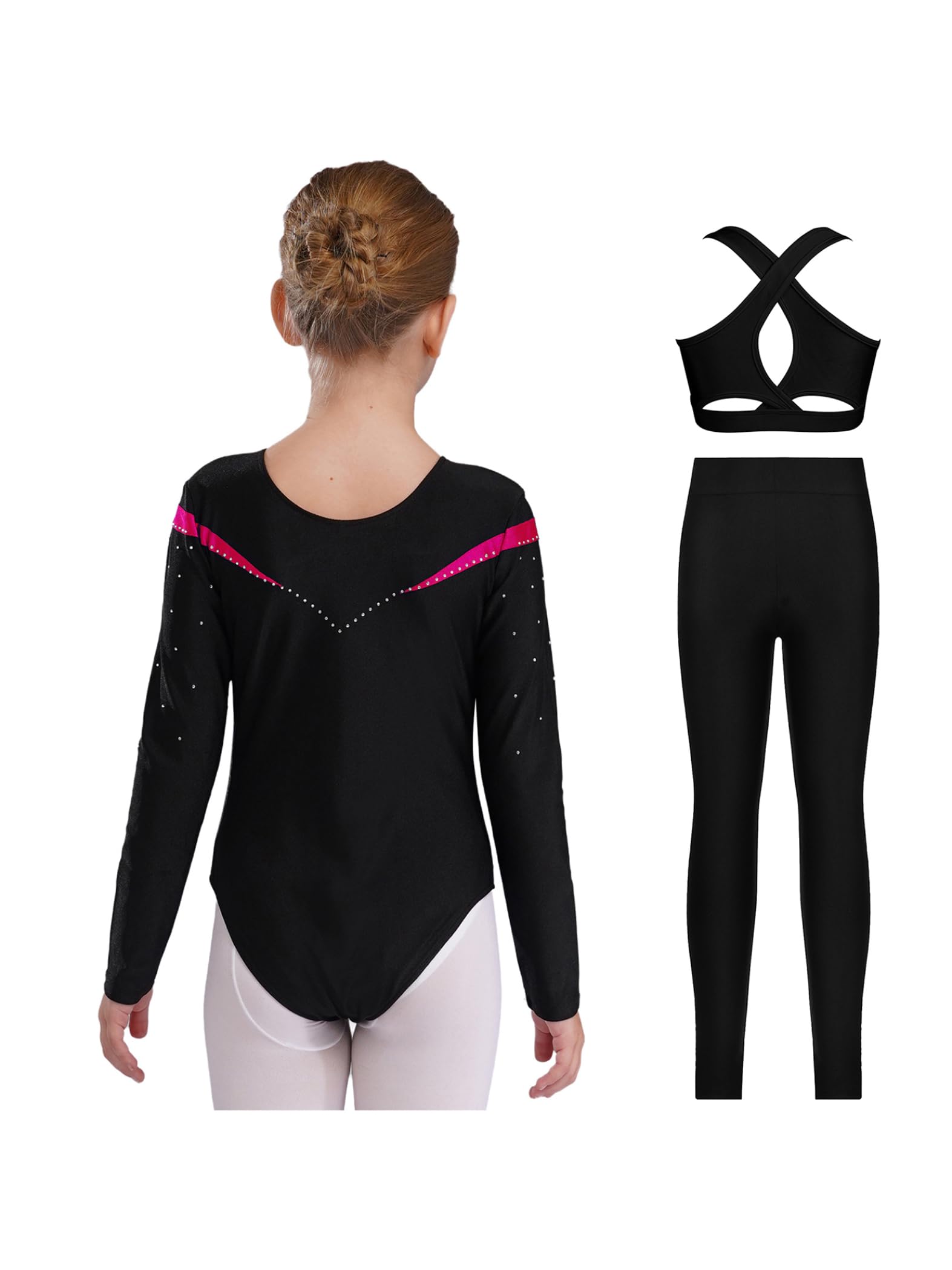 Piezas De Traje De Gimnasia Con Destellos Para Niñas Leotardos De Gimnasia De Manga Larga Tops De Deporte Brasier Y Pantalones Traje De Baile Para Rosa oscuro 11-12 años
