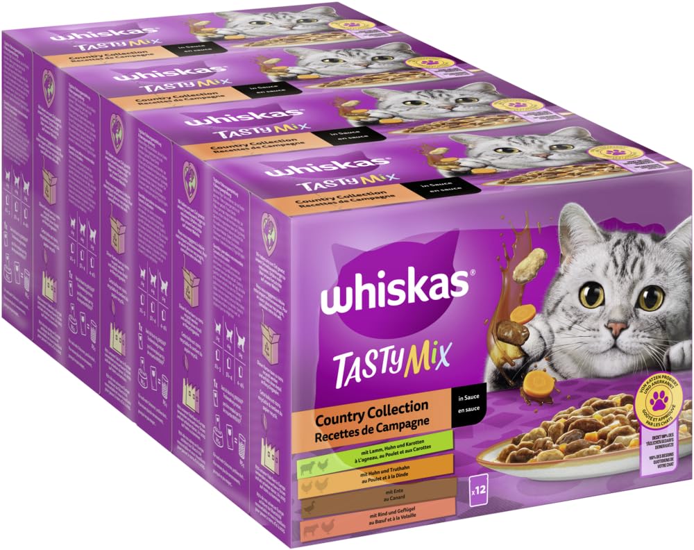 WHISKAS Tasty Mix Portionsbeutel Multipack Country Collection in Sauce – 4 x 12 x 85 g