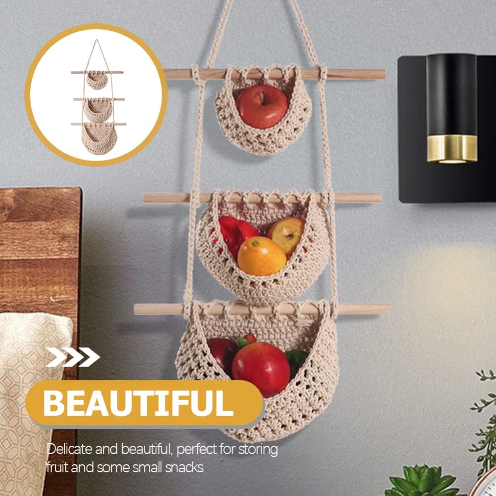 UPKOCH Home Decor Hanging Fruit Basket, 3 Tier Over the Door Organizer, Handmade Woven Cotton Rope Wall Hanging Baskets for Organizing, Wall Decor, Storage s for Kitchen Fruit