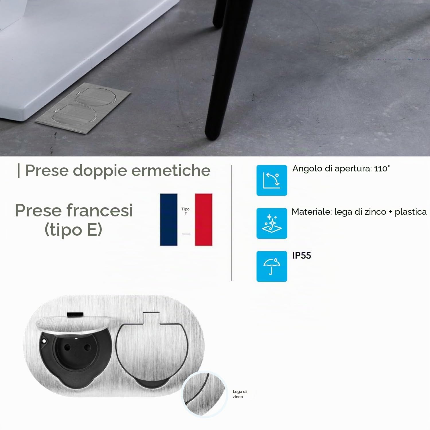 Doppia presa da incasso in acciaio inox, presa da pavimento IP55, coperchio pieghevole, morsetto a incastro, tipo E francese