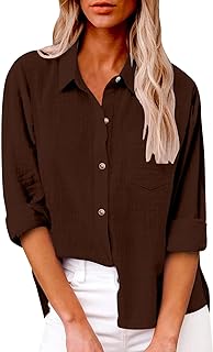 Linen Shirts for Women Button Down Plain T-Shirts Long Sleeve Collared Casual Blouses Dressy Work Tops with Pockets