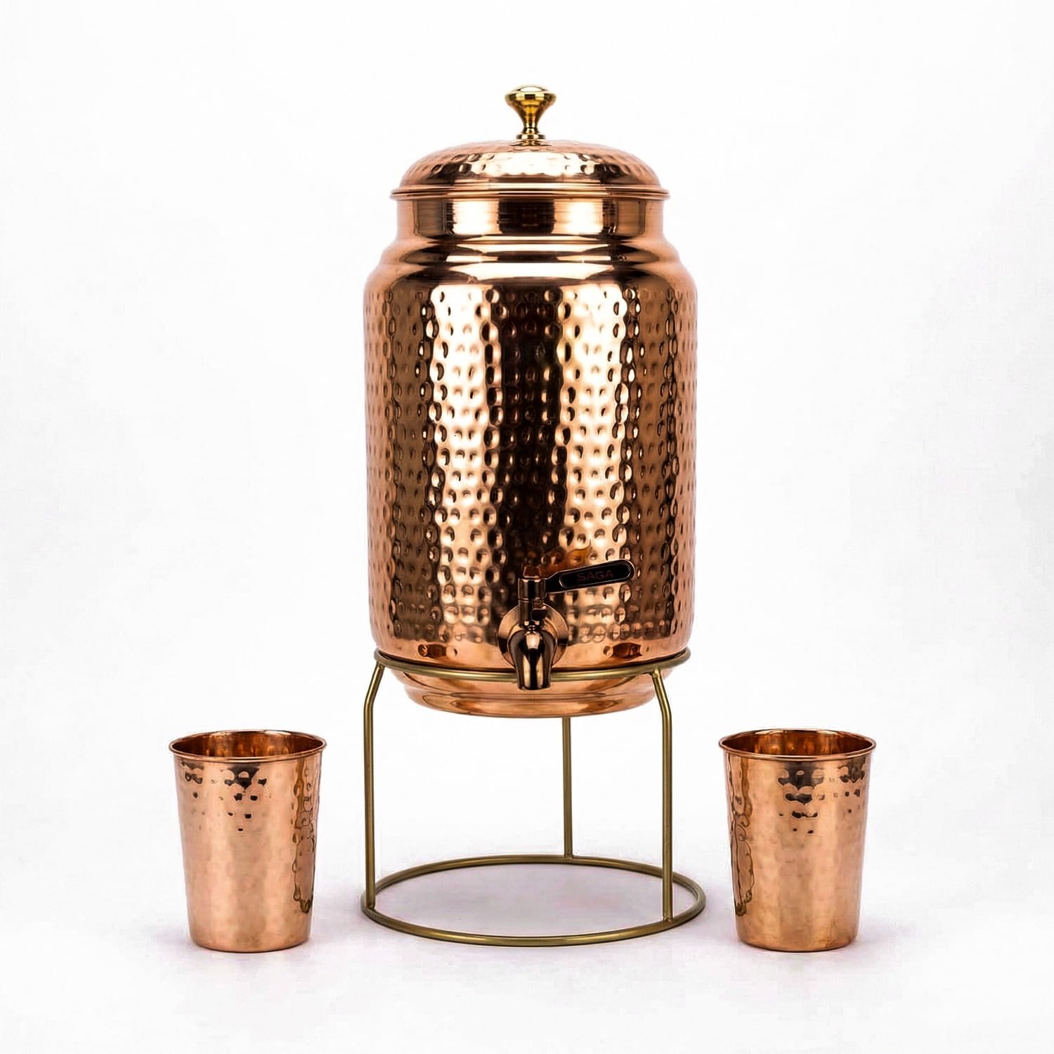 Distributeur d'eau en cuivre 5 l avec 2 tasses et support, réservoir cuivre pur, robinet anti-fuite