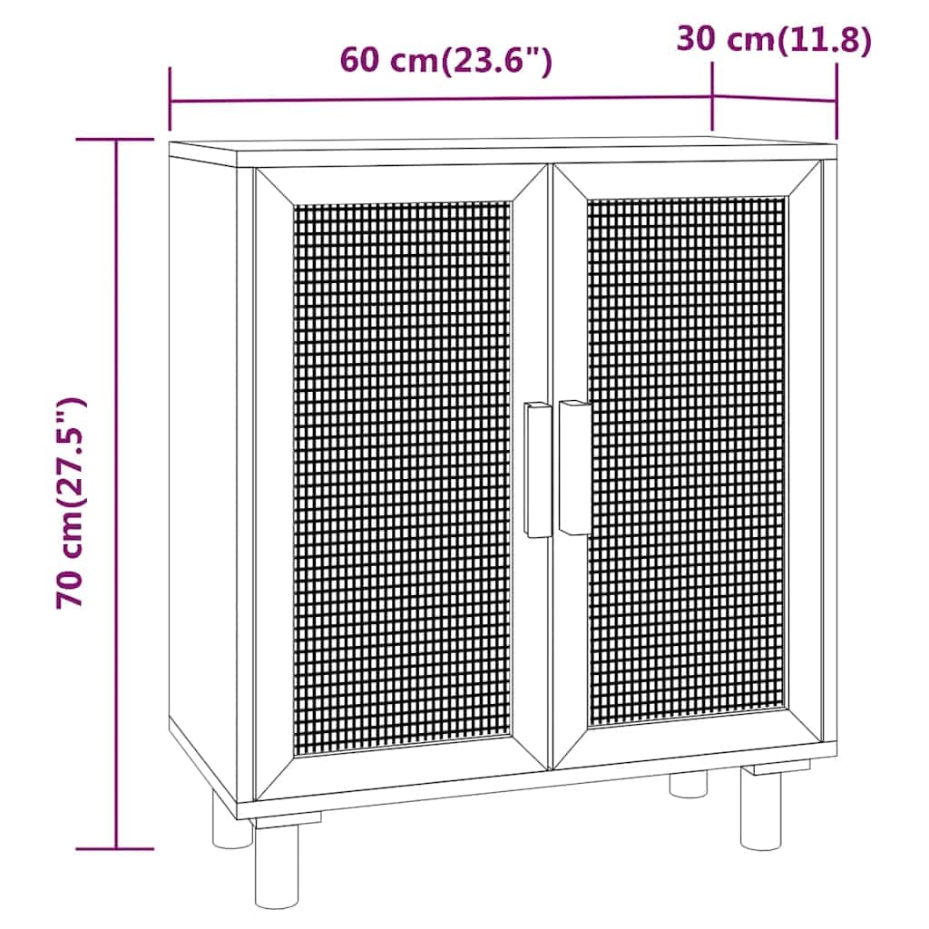 Sideboard Schwarz 60x30x70cm Massivholz Kiefer Natur-Rattan mit viel Stauraum, stabile Oberplatte, platzsparend für Wohnzimmer, Esszimmer, Flur und Büro, inklusive Wandhalterung