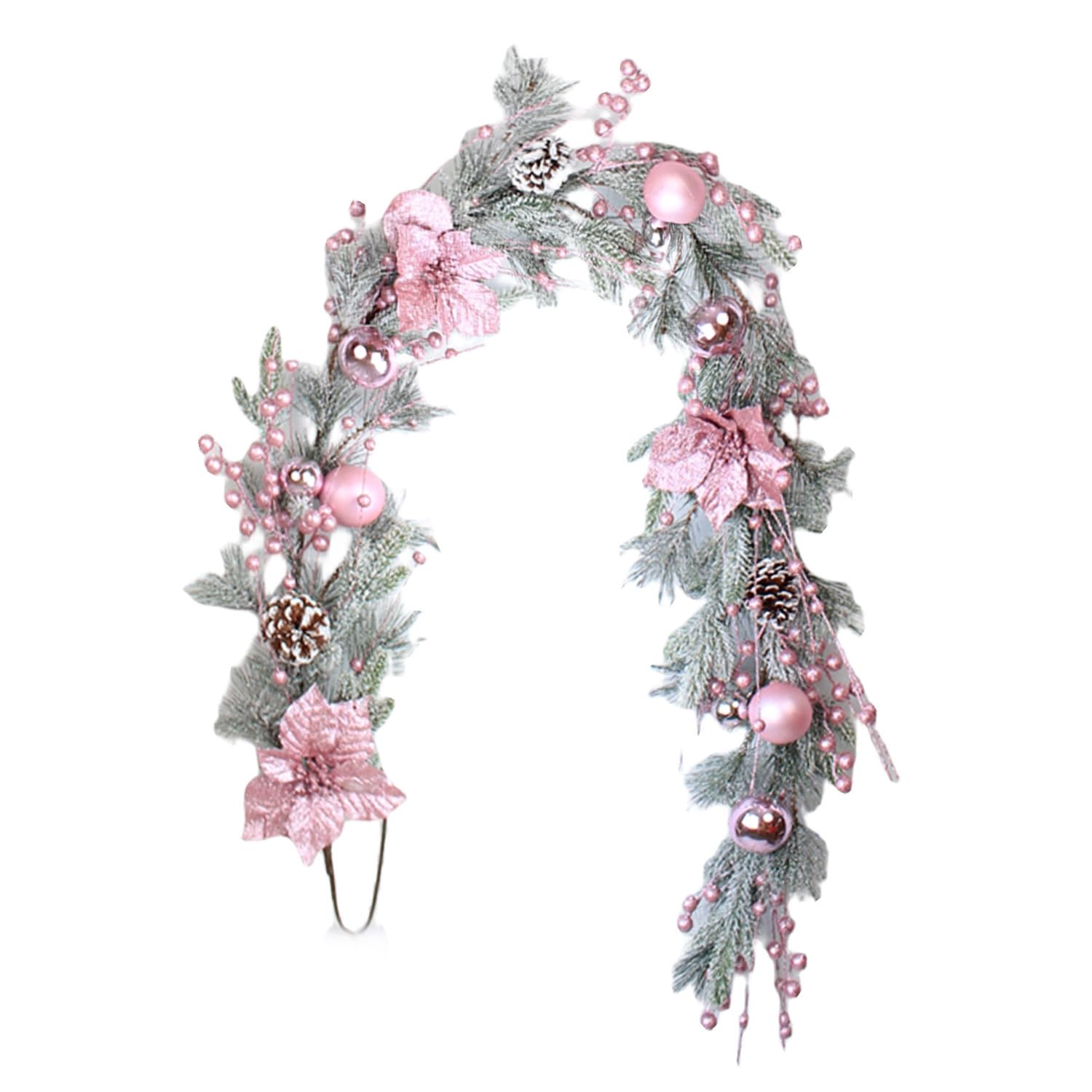 KULSUM 180CM Artificial Christmas Garland for Mantel - Pink Dream Christmas Rattan Garland with Pine Cones Baubles for Home Stairs Fireplace Mantle Front Wedding Christmas Party Decor, BDF-875