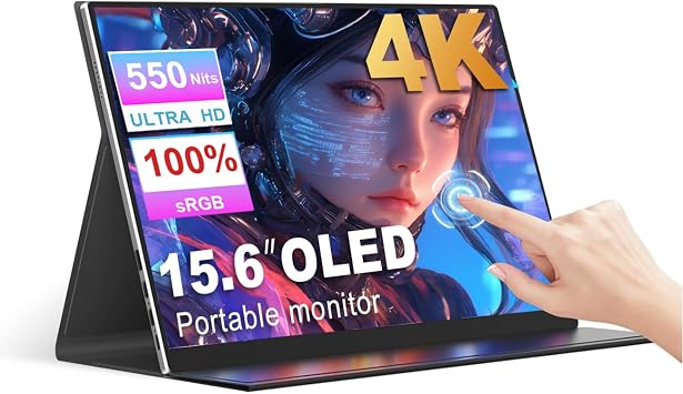 15.6" Portable Monitor Touchscreen 4K OLED 3840X2160 1000001 10-Point Touch Screen Gaming Monitor, with Protective Cover, HDMI USB C Travel Monitors for Computer, Mini PC, PS5/4