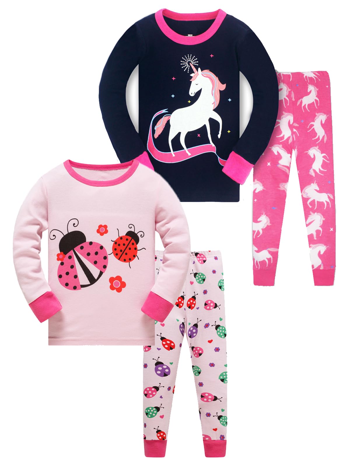 LOLPIP Mädchen Pyjamas 100% Baumwolle Schlafanzug für Kinder Schlafkleidung Langarm 4 Stück Set 1-12 Jahre