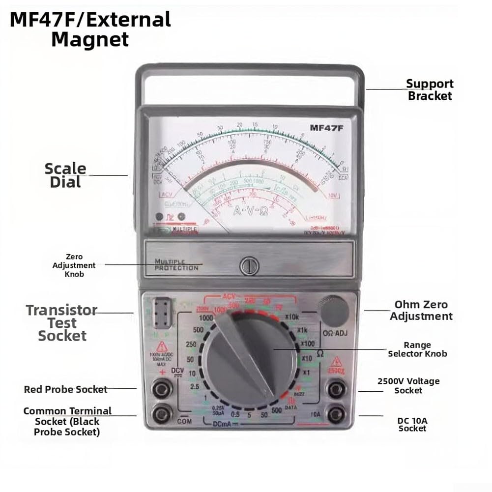 MF47F Multímetro analógico, probador de corriente de voltaje de puntero con medición de inductancia CC/CA, medidor alto de 2500 V 10 A para reparación eléctrica