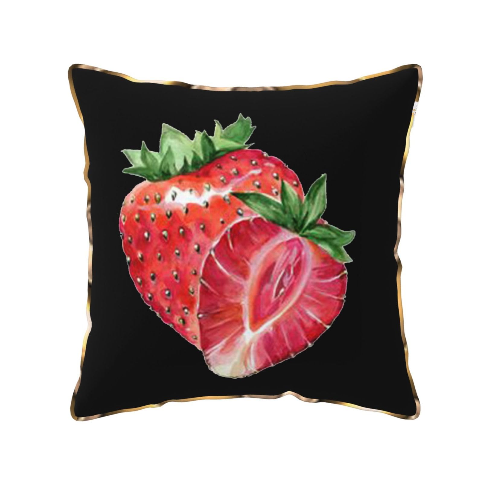 AUBKFELD Strawberry Printed Velvet Cushion Cover 50x50 CM with Gold Edging Strip, Square Pillowcase Soft Throw Pillow Covers Case Decorative for Living Room Sofa Couch Bed Bench