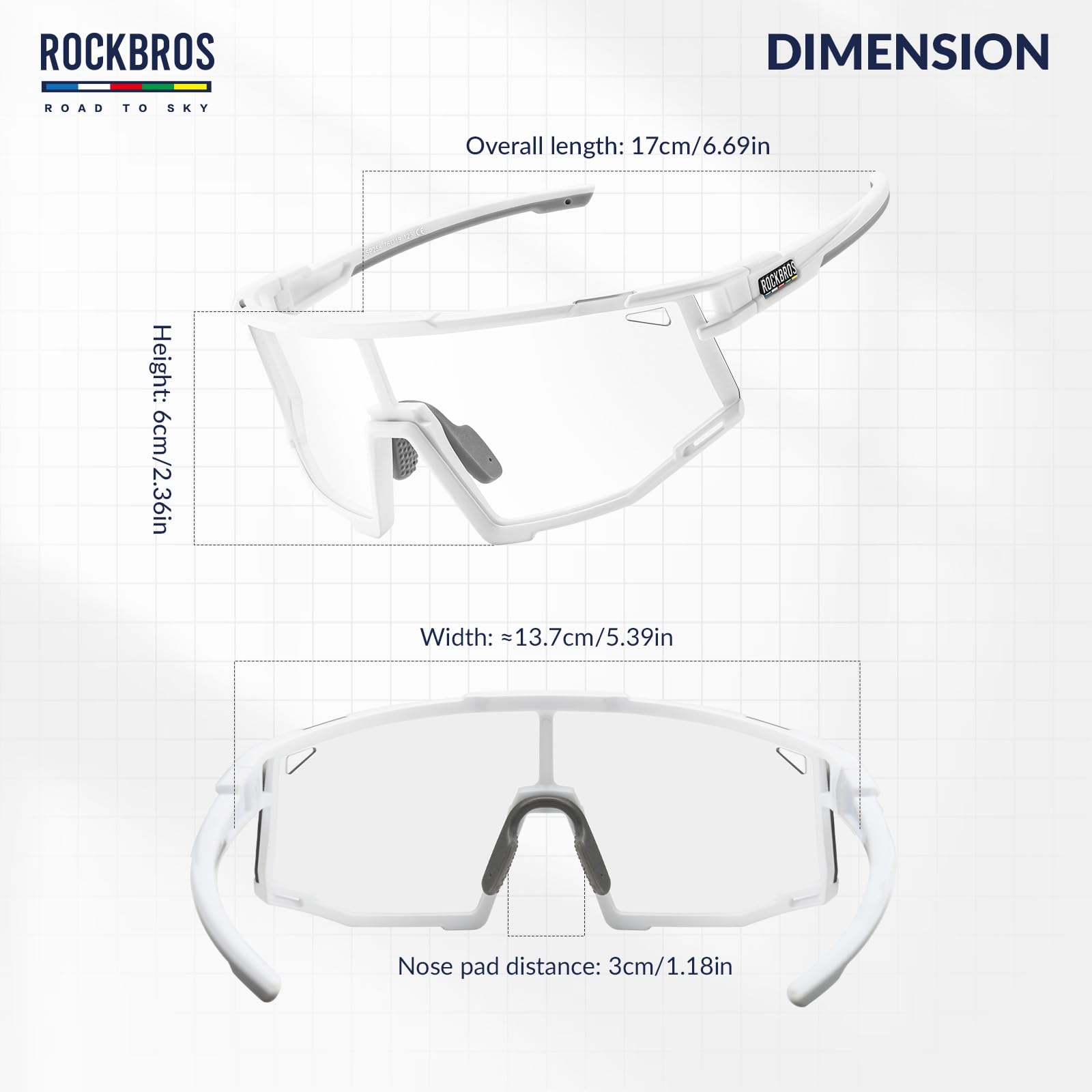 ROCKBROS Road-to-Sky Okulary Rowerowe Fotochromowe Okulary Przeciwsłoneczne Okulary Kolarskie Samoprzyciemniające się UV400 Okulary Sportowe MTB Ramka Myopia TR90 Unisex Baseball Bieganie Golf Biały