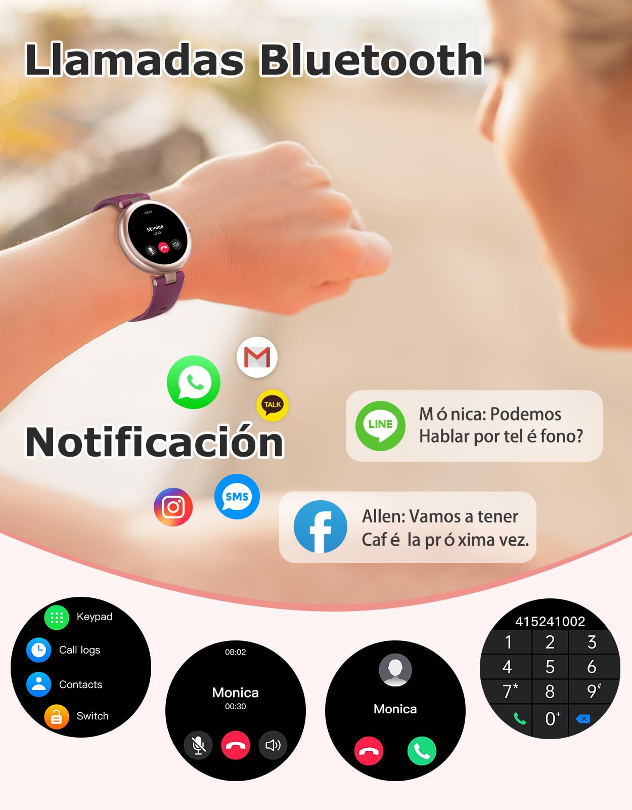 Reloj Inteligente Mujer con Llamadas Bluetooth 5.3, Pantalla AMOLED 1.09" Redondo y Pequeño, 5ATM Impermeable, Whatsapp Notifications, Pulsómetro, SpO2, 100+ Deportes, Android/iOS, Morado