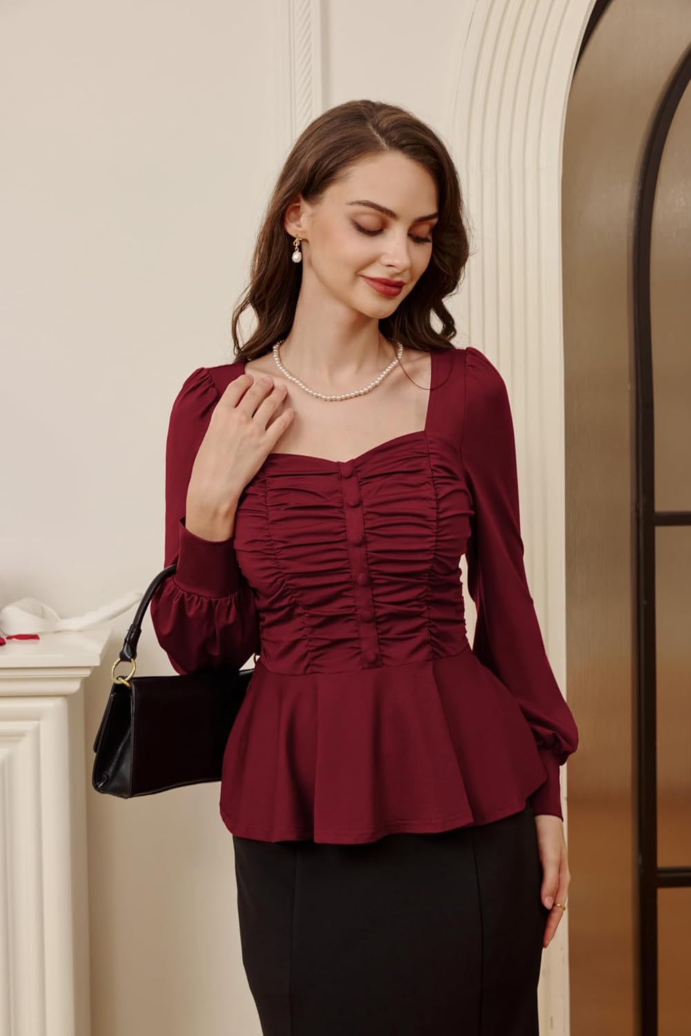 Belle Poque Peplum Tops for Women Square Neck Long Sleeve Blouses Ruffle Hem Smocked Elegant Shirts - Image 3