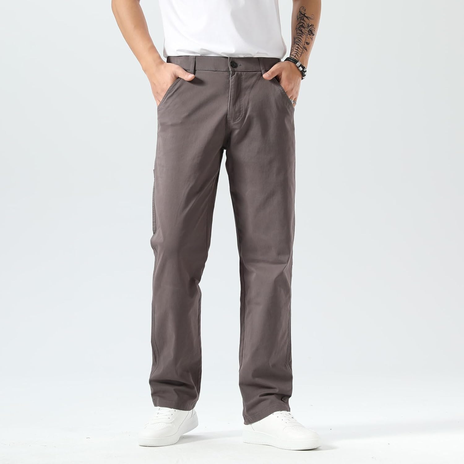 Plaid&Plain Men's Khaki Pants Stretchy Straight Fit with Side Pocket and Elastic Waistband - Image 3