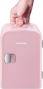 Chefman Mini Portable Pink Personal Fridge Cools Or Heats & Provides Compact Storage For Skincare, Snacks, Or 6 12oz Cans W/ A Lightweight 4-liter Capacity To Take On The Go