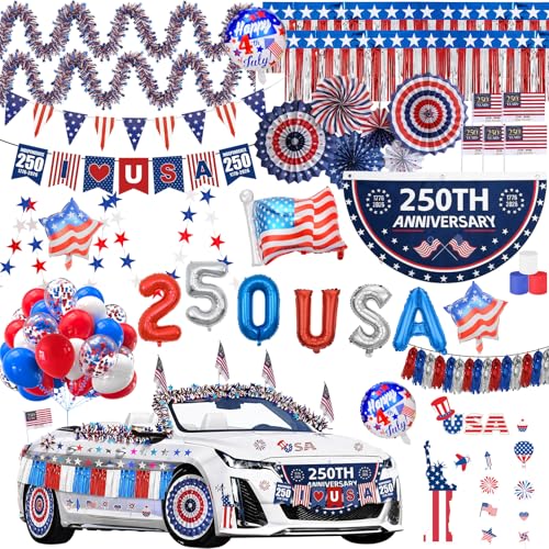 Harsever 69PCS 4th of July Car Decorations 250th Anniversary Parade Kit Red White Blue Banners Streamers Flags Tassels for Independence Day Memorial Day (Set 2)