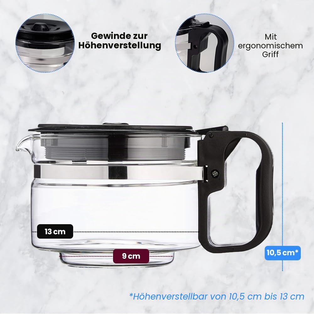 Anakel Home Universal-Kaffeekanne, je nach Maß, kompatibel mit amerikanischer oder elektrischer Tropfkaffeemaschine, Glas, auslaufsicherer Deckel, höhenverstellbar 10,5-13 cm