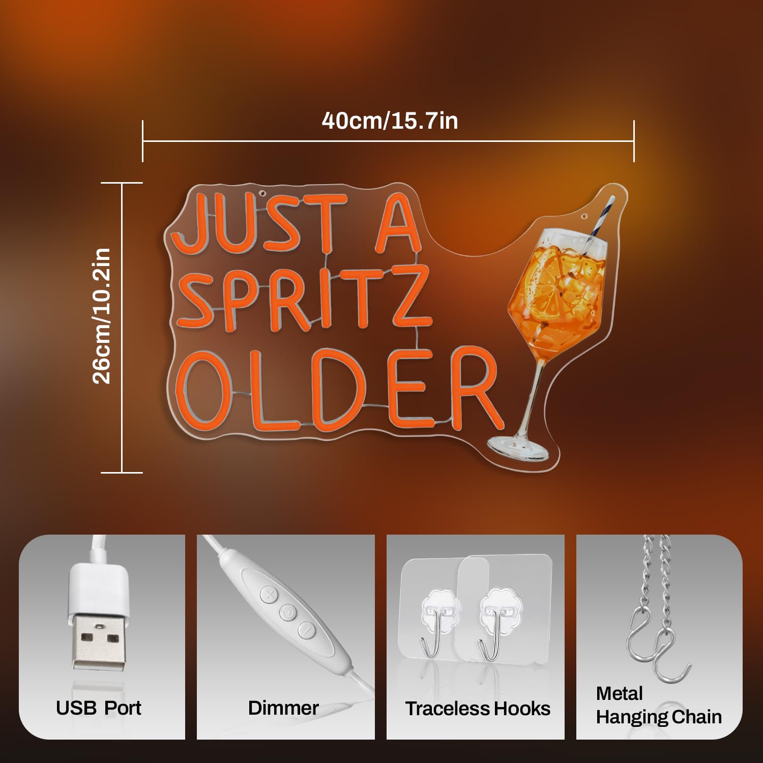 JUST A SPRITZ OLDER Neon Schild, Aperol Spritz Neon Schild, Cocktail Neonlicht, Orange LED Neonschild für Wanddekor, USB Bar Neon Sign für Party, Zuhause, Bar, Club, Männerhöhle, Küche
