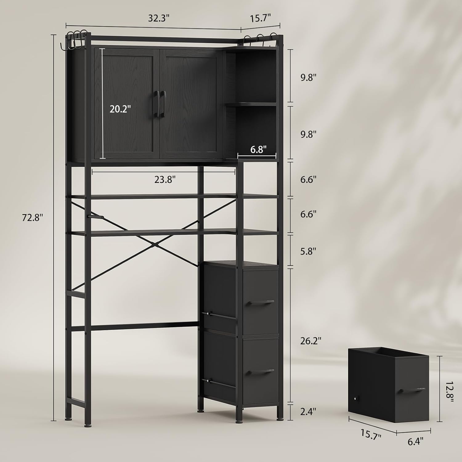 8-Tier Over The Toilet Storage Cabinet with 2 Large Drawers & Metal Stand, Bathroom Storage Cabinet with Toilet Paper Holder, Over Toilet Bathroom Organizer for Bathroom, Laundry Room, Black - Image 2