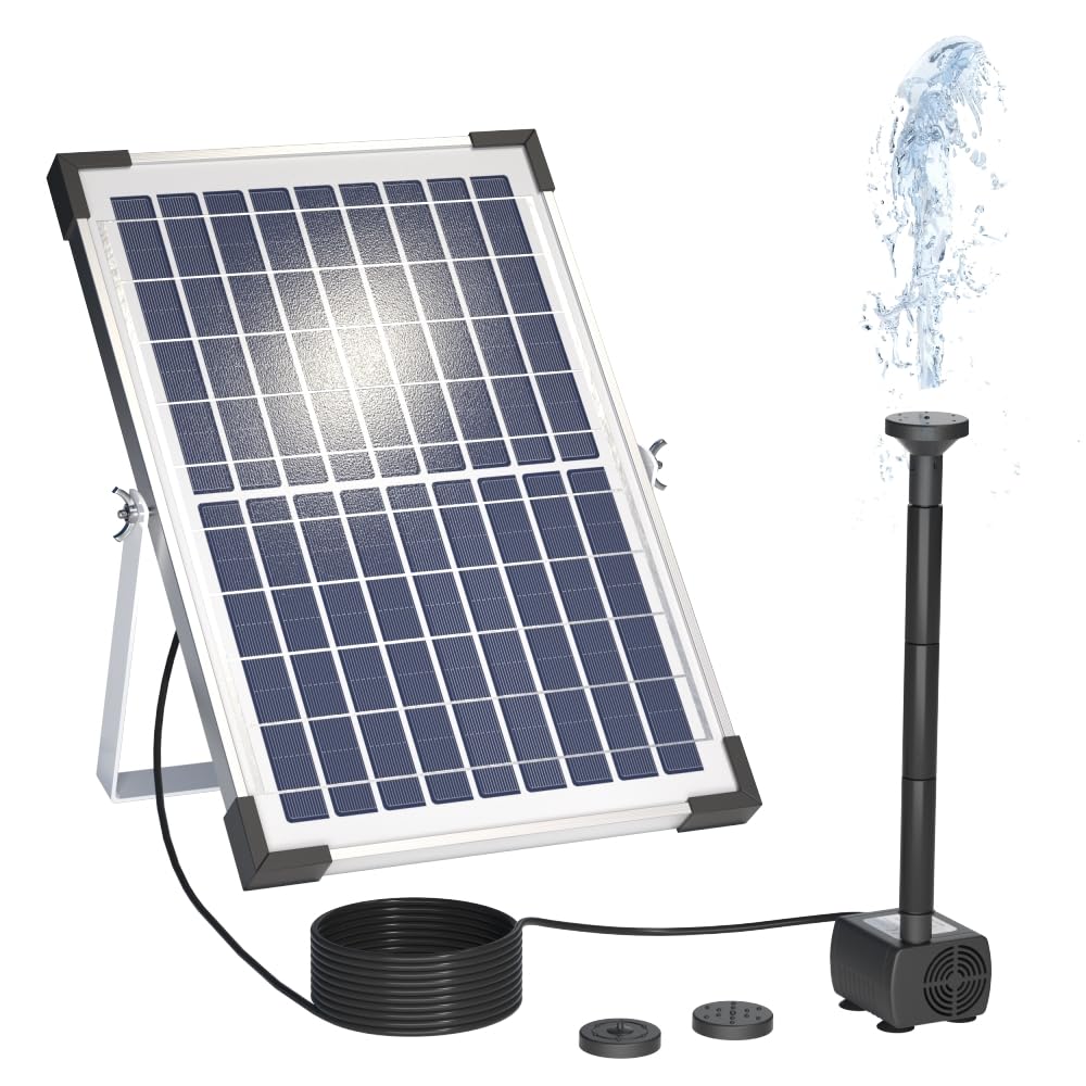 Irishom Bomba de Agua Solar,10W 500L/H 9V Fuente Solar,con Panel Solar y 3 boquillas para baño de pájaros, pecera, Estanque pequeño, jardín