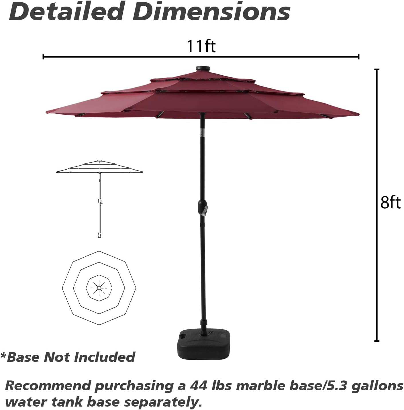 HOMPUS 9FT/10FT/11FT 3 Tiers Solar LED Patio Umbrella for Outside, Outdoor Market Umbrella with Push Button Tilt, 40 LEDs, Sun Shade for for Backyard, Deck, Garden