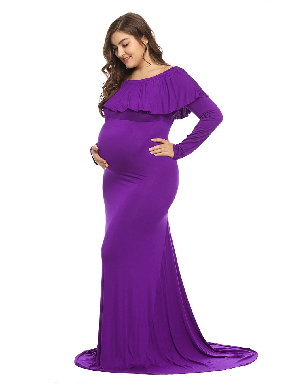 JustVHMaternity Fitted Elegant Gown Long Sleeve Off Shoulder Ruffles Maxi Photography Dress for Photoshoot