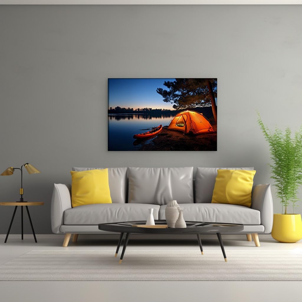 Canvas for Living room. Illuminated Serenity: Dusk's Embrace on a Lakeside Camping Retreat, 27 x 18 inch Canvas Wall Art - Contemporary Masterpieces - Modern Home Decor