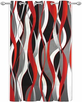 Red Stripe Sheer Curtains for Bedroom/Living Room, Grommet Kitchen Curtains 63 Inches Long, Grey Moire Ombre Geometric Modern Abstract Semi-Sheer Curtain Drapes Voile Window Treatments