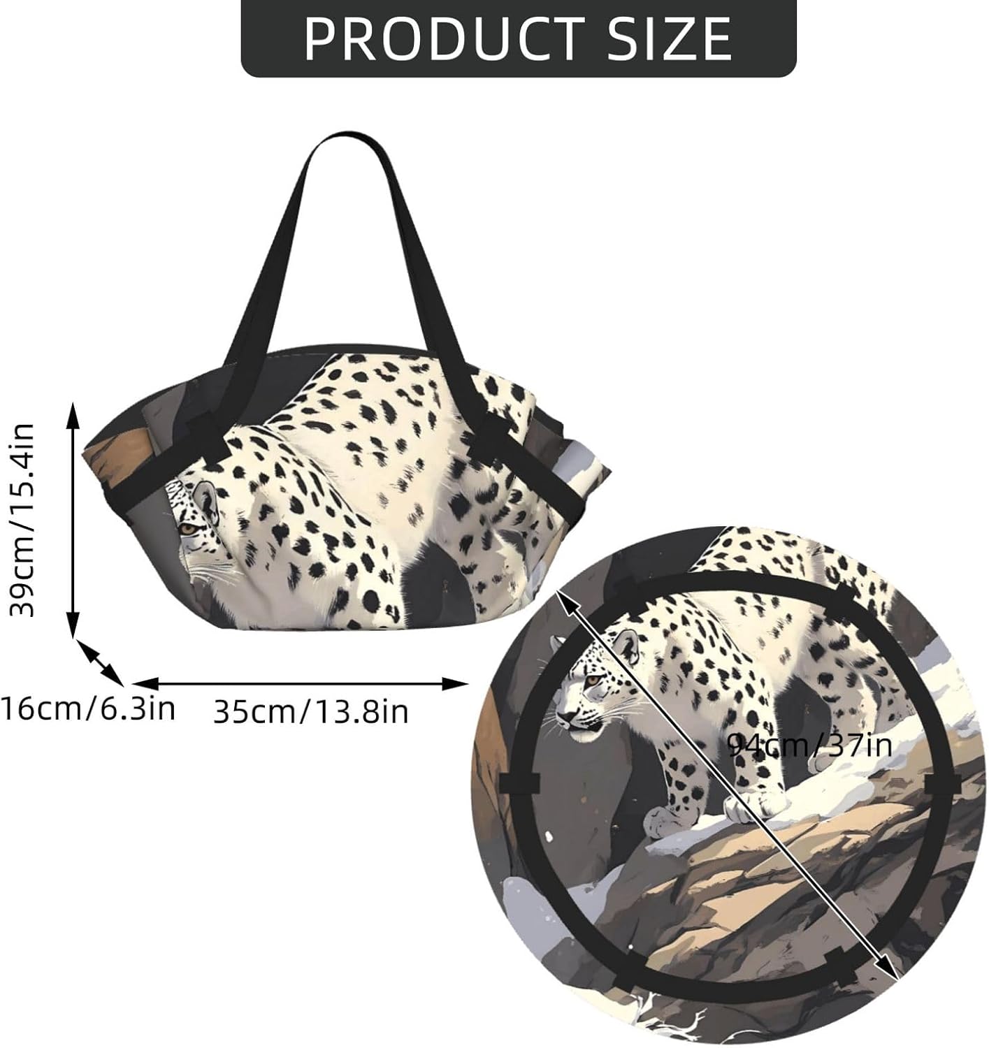 Graceful Snow Leopard Pattern Foldable Camping Tote Bag Picnic Blanket Bag Portable Beach Mat Tote Waterproof Outdoor Picnic Mat Carry Bag