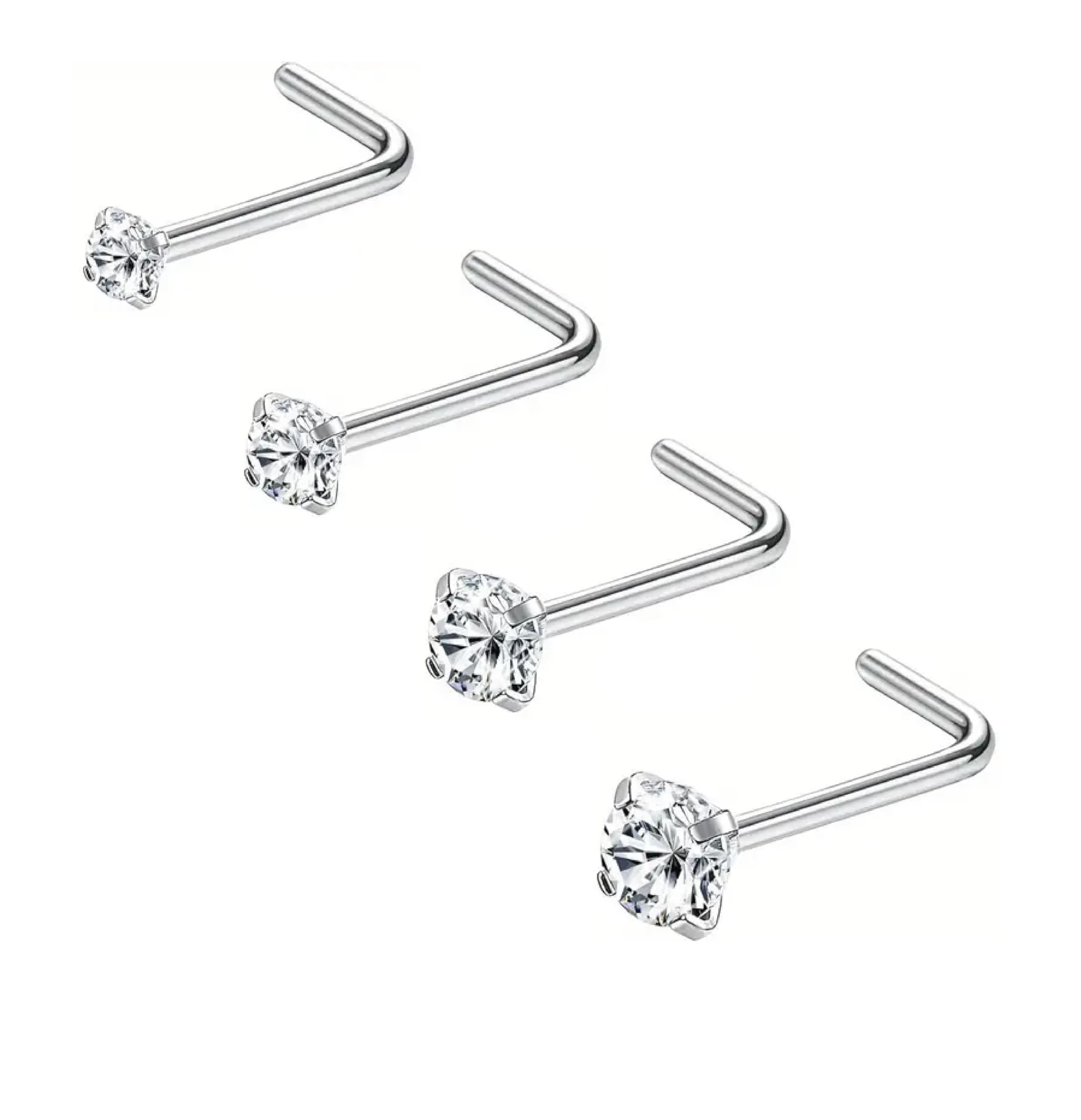 4 PCS 20G Nose Studs ,1.5mm 2mm 2.5mm 3mm Nose Rings, Hypoallergenic Stainless Steel L Shaped Nose Stud Sterling Silver, Tiny CZ Crystal Diamond Small Nose Stud, Plain Nose Studs, Nose pins for Women