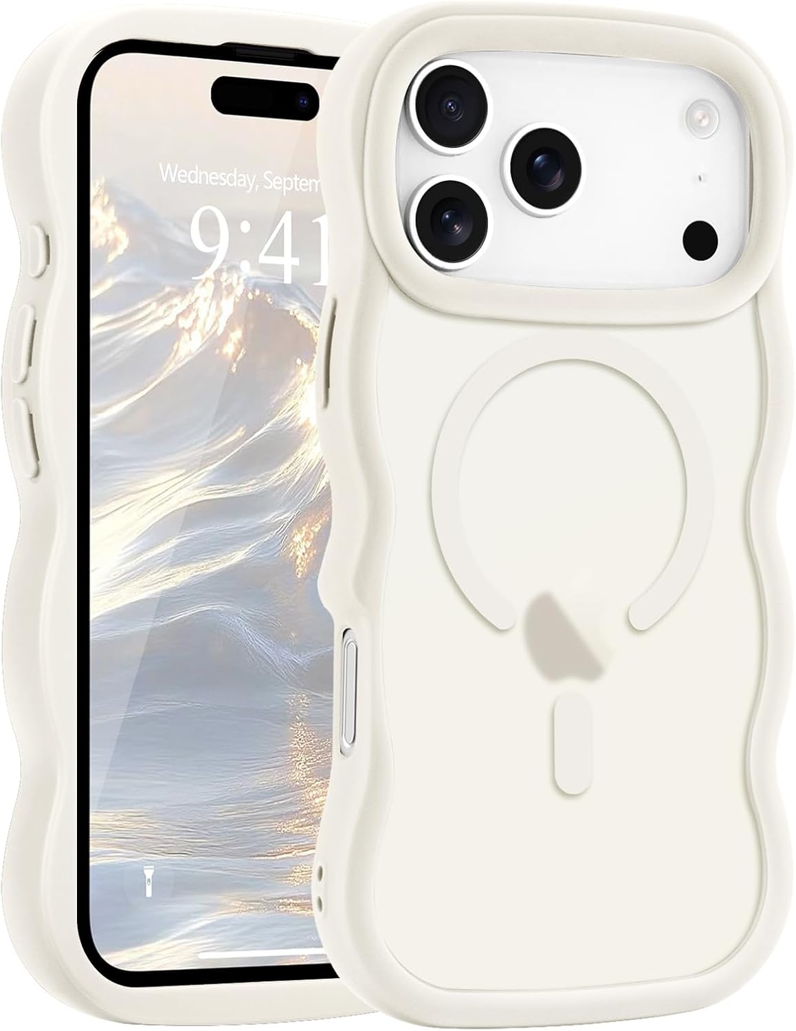 for iPhone 17 Pro Max Case, Curly Wavy Frame Hard Translucent Matte Clear Back Cover for Women Men Compatible with Magsafe TPU Bumper Shockproof Phone Case for iPhone 17 Pro Max, Stone