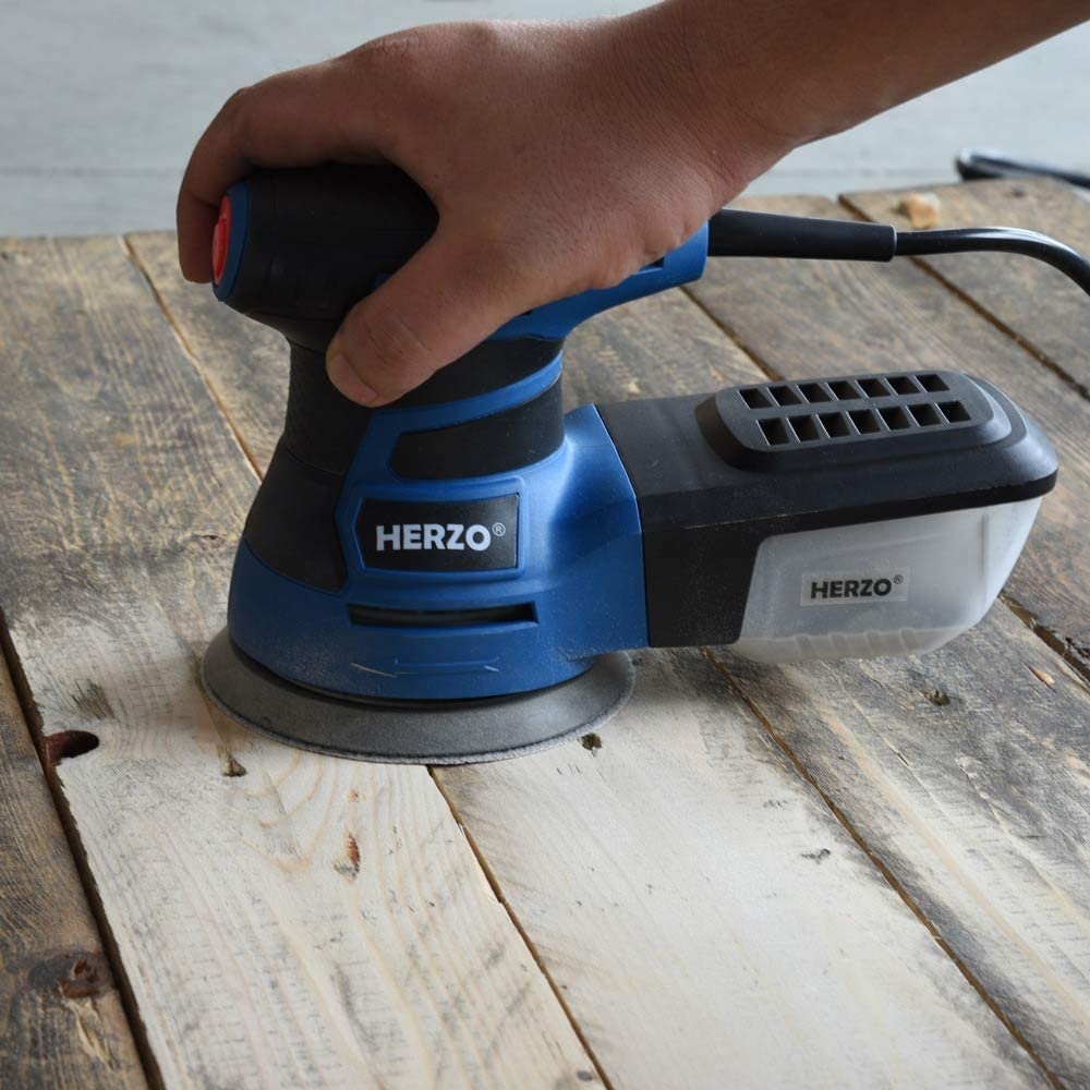 Lijadora Excéntrica 300W ，HERZO 6 Velocidad Ajustable, Lijadora con 13000 RPM Motor, 10 PCS Papeles de Lija de 125mm con Caja de Recogida