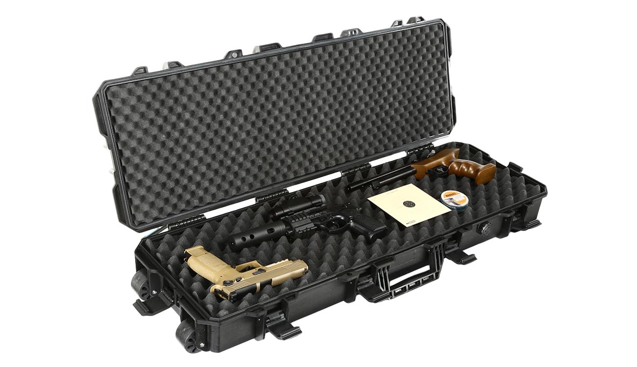 Hard-Case Waffenkoffer Large – Wasserdichter & extra Stabiler Polymer-Koffer mit Trolley-Funktion, IP67, Pick-&-Pluck Schaumstoff, 6 HD-Verschlüssen & Rollen