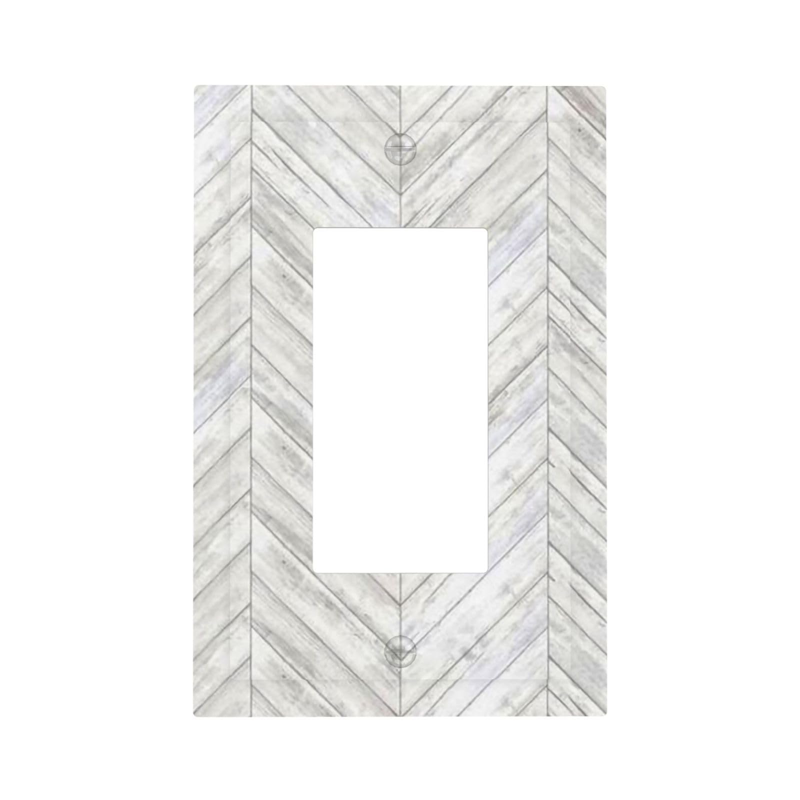 Decorative Decorator Rustic Wall Plate 1-Gang White/Grey Herringbone Birch Wood Wooden Plank Grain Vintage Country Retro GFCI/Rocker Switch Outlet Electrical Cover Plate Faceplate for Receptacle Light