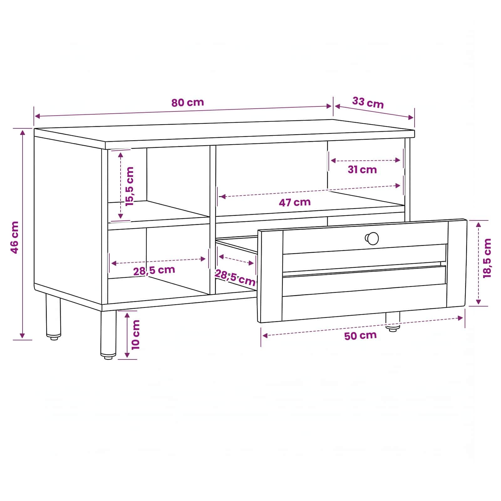 Mueble de almacenamiento de madera, mango macizo, 80 x 33,5 x 46 cm, con
