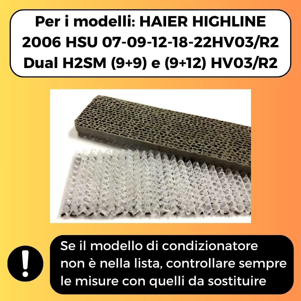 2 Filtri Condizionatore (225x50mm) Filtro Aria Condizionata, Filtri Ricambi Climatizzatore Sostitutivo per HAIER: HIGHLINE 2006 HSU 07 09 12 18 22 HV03/R2 Dual H2SM (9+9) e (9+12) HV03/R2