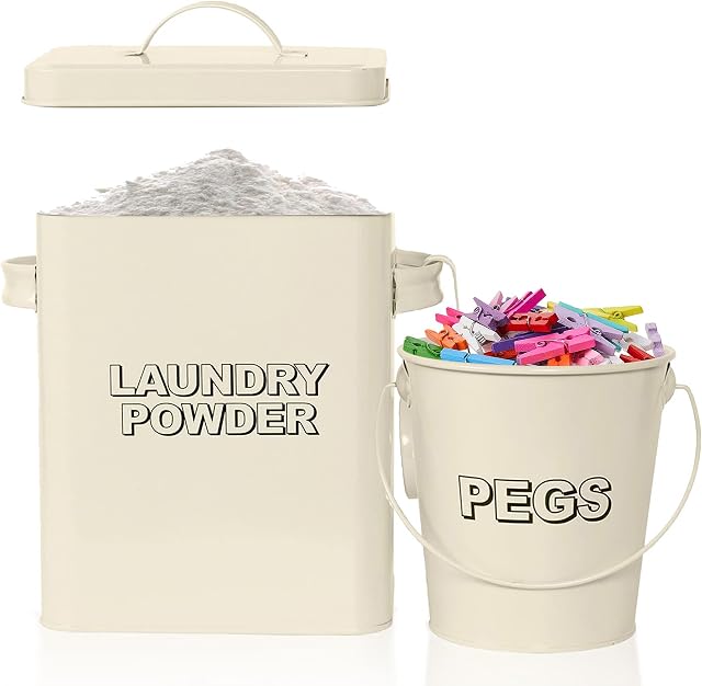 Denny International® Vintage Retro Laundry Powder Container Washing Tin Tablet Storage Box and Peg Can